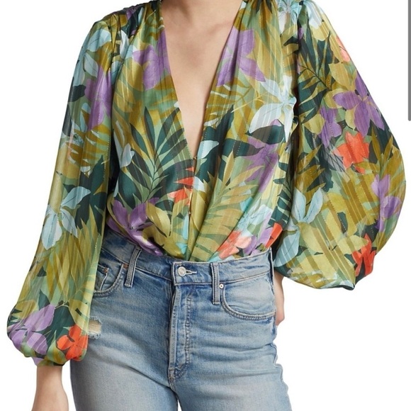 BRONX AND BANCO Tropics Bodysuit | US 8/L | Balloon Sleeve | Green Multi - Picture 1 of 14